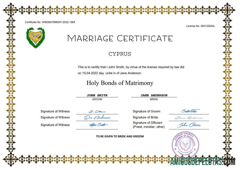 Realista modelo Word e PDF de certidão de casamento de Chipre